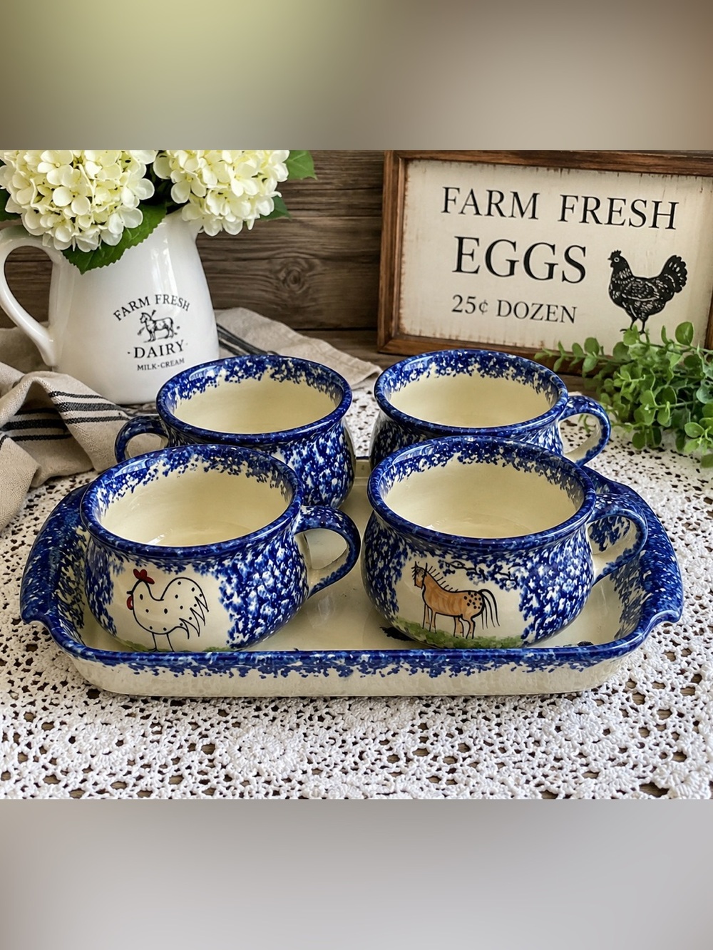 Molly Dallas Blue Spongeware Soup Mug Bowl Set w Serving Tray Rooster Farmhouse
